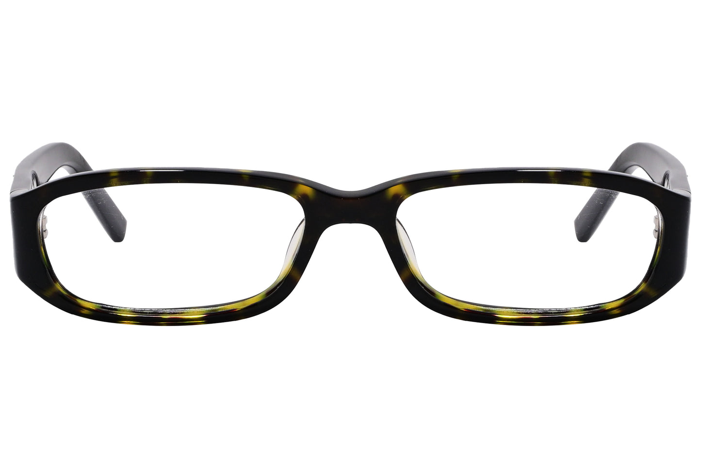 A pair of rectangular tortoise patterned eyeglasses with embellishments on the temples.