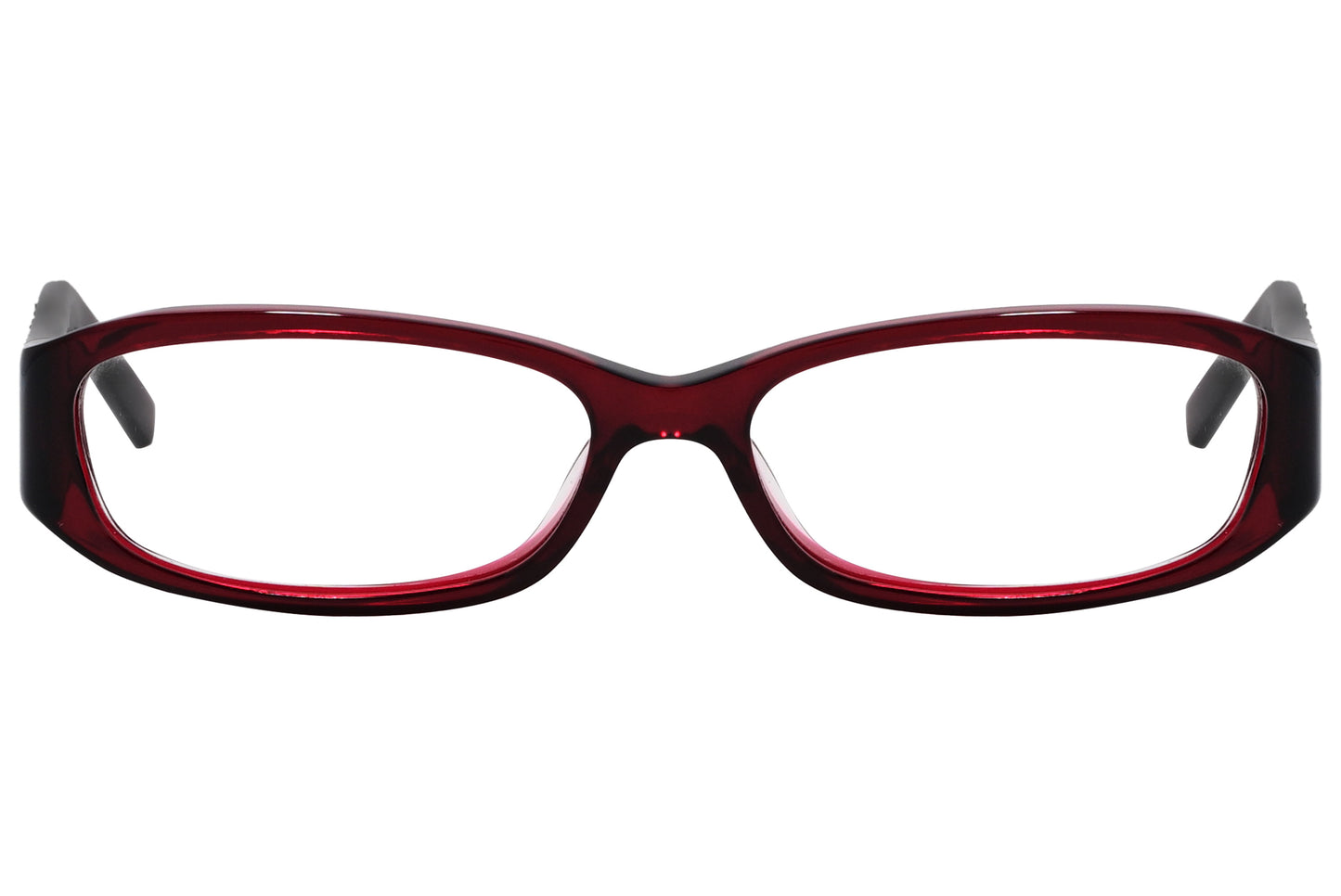 A pair of red rectangle eyeglasses with patterned details on the arms.
