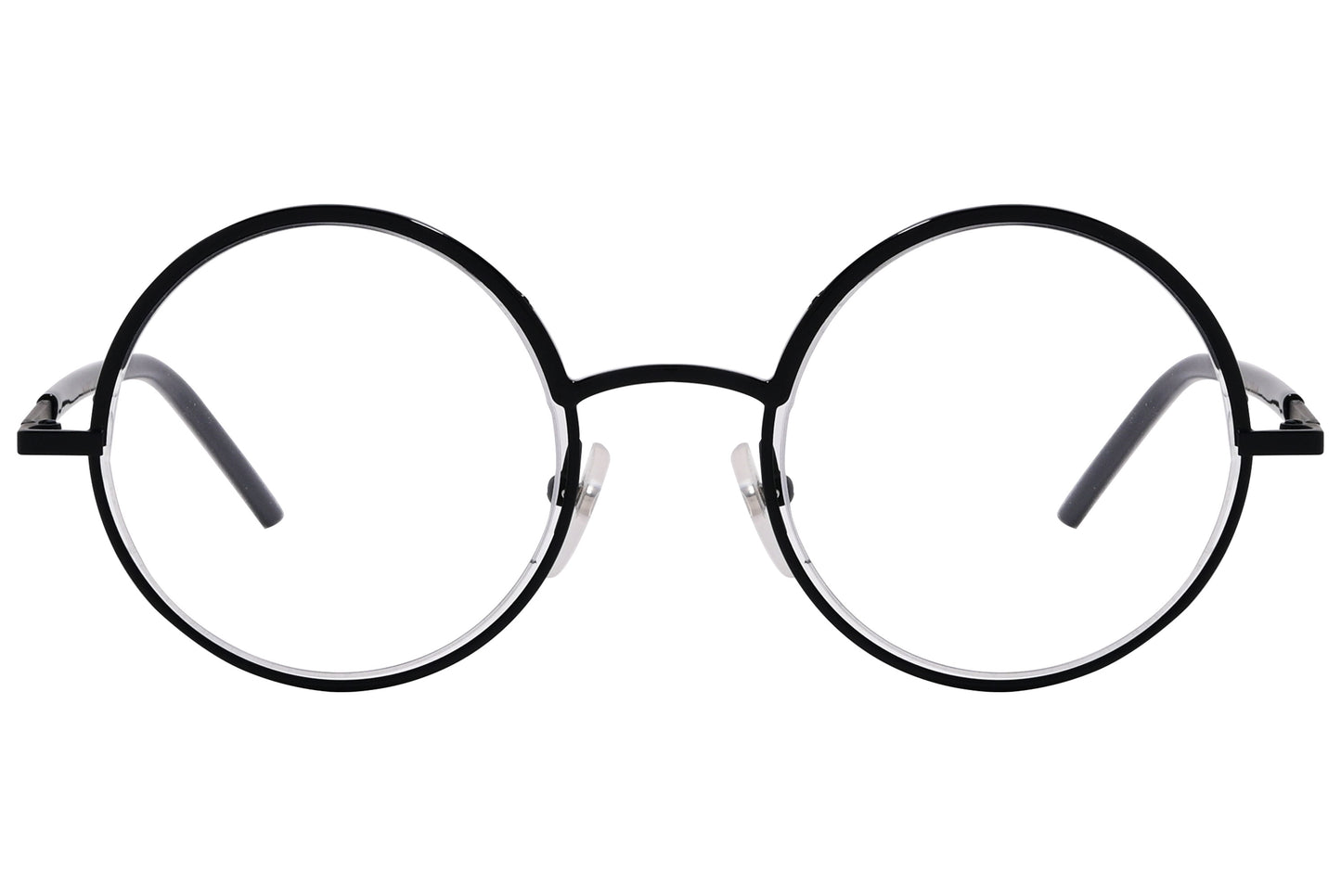 Black round eyeglasses with a sleek design and a small 'MARC' inscription on the side.