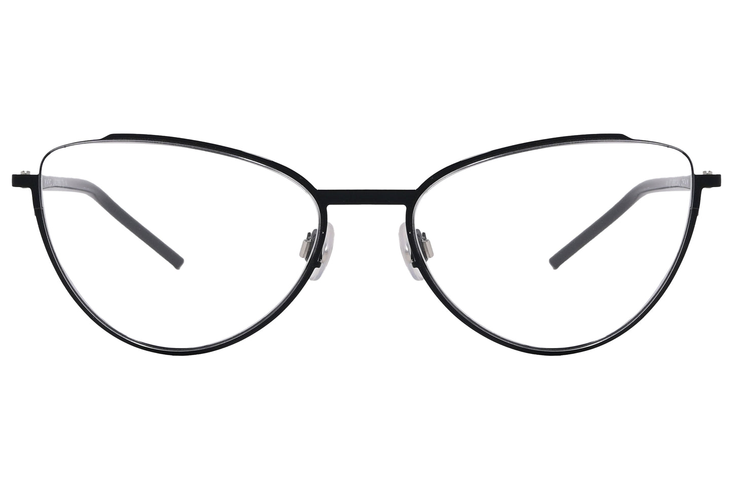 A pair of black cat-eye eyeglasses with a metallic frame.
