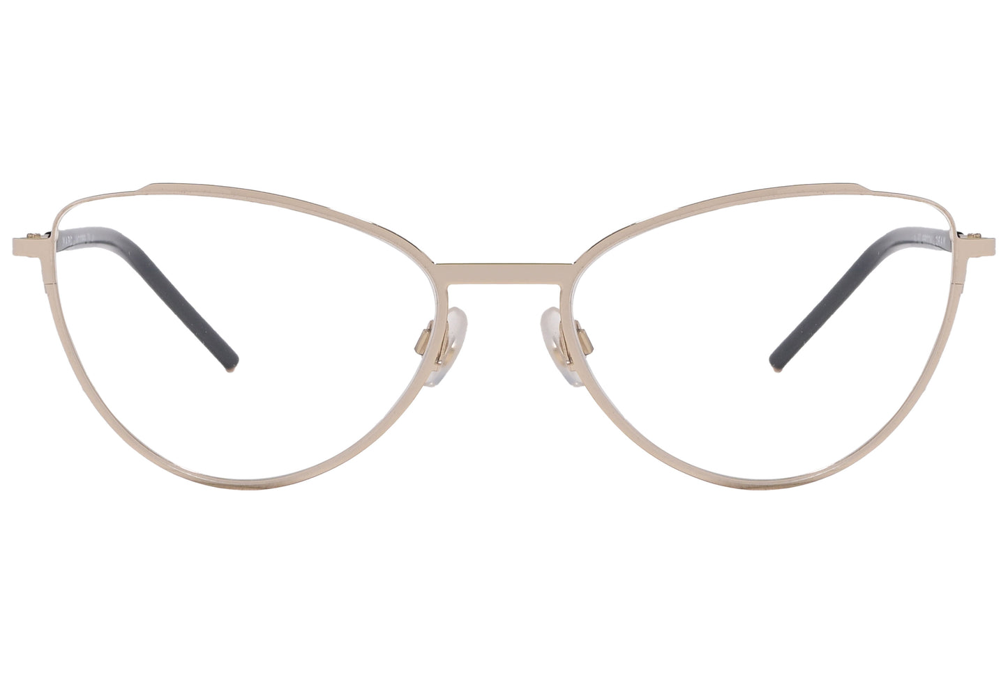 A pair of coral reef colored cat-eye eyeglasses with a metallic frame.