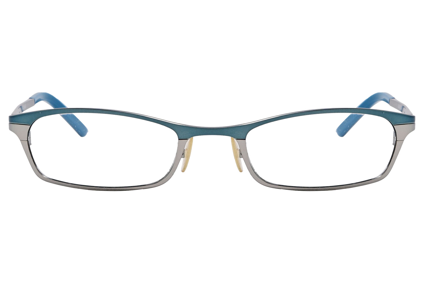 A pair of rectangle eyeglasses with beetle green frame.