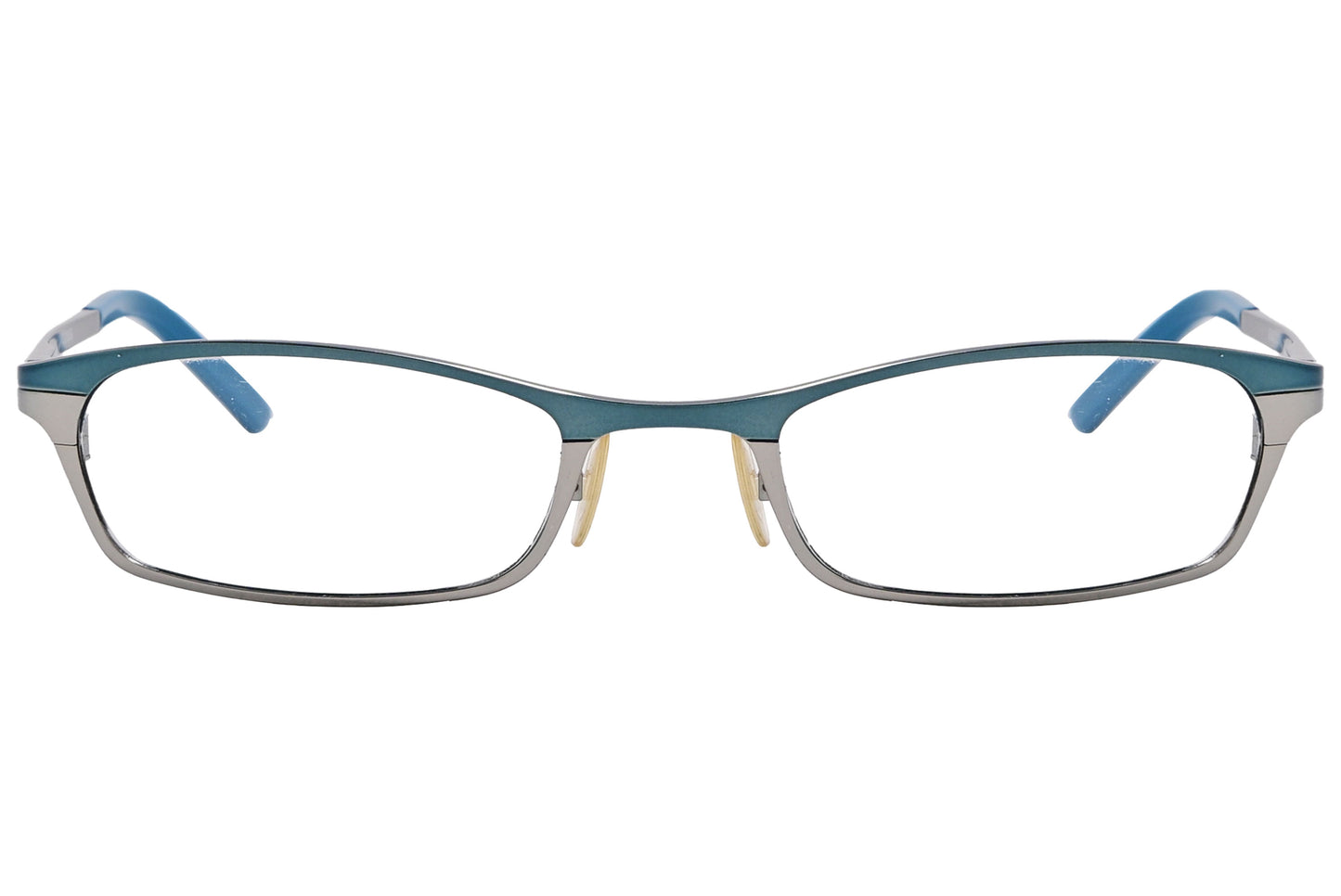A pair of rectangle eyeglasses with a beetle green frame.