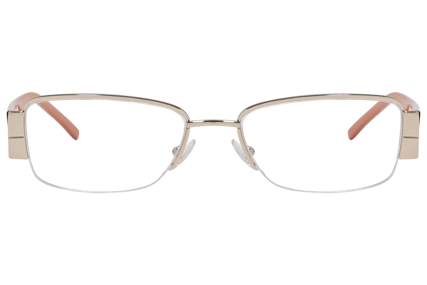 A pair of Marc Jacobs rectangle eyeglasses with brown frames and clear lenses, featuring the brand name on the side.