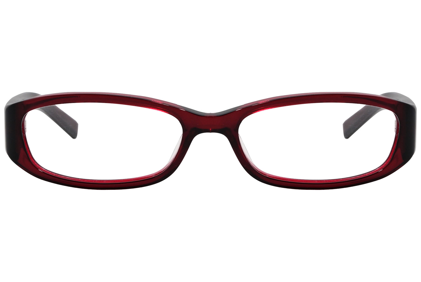 A pair of red rectangle eyeglasses with patterned details on the temples.