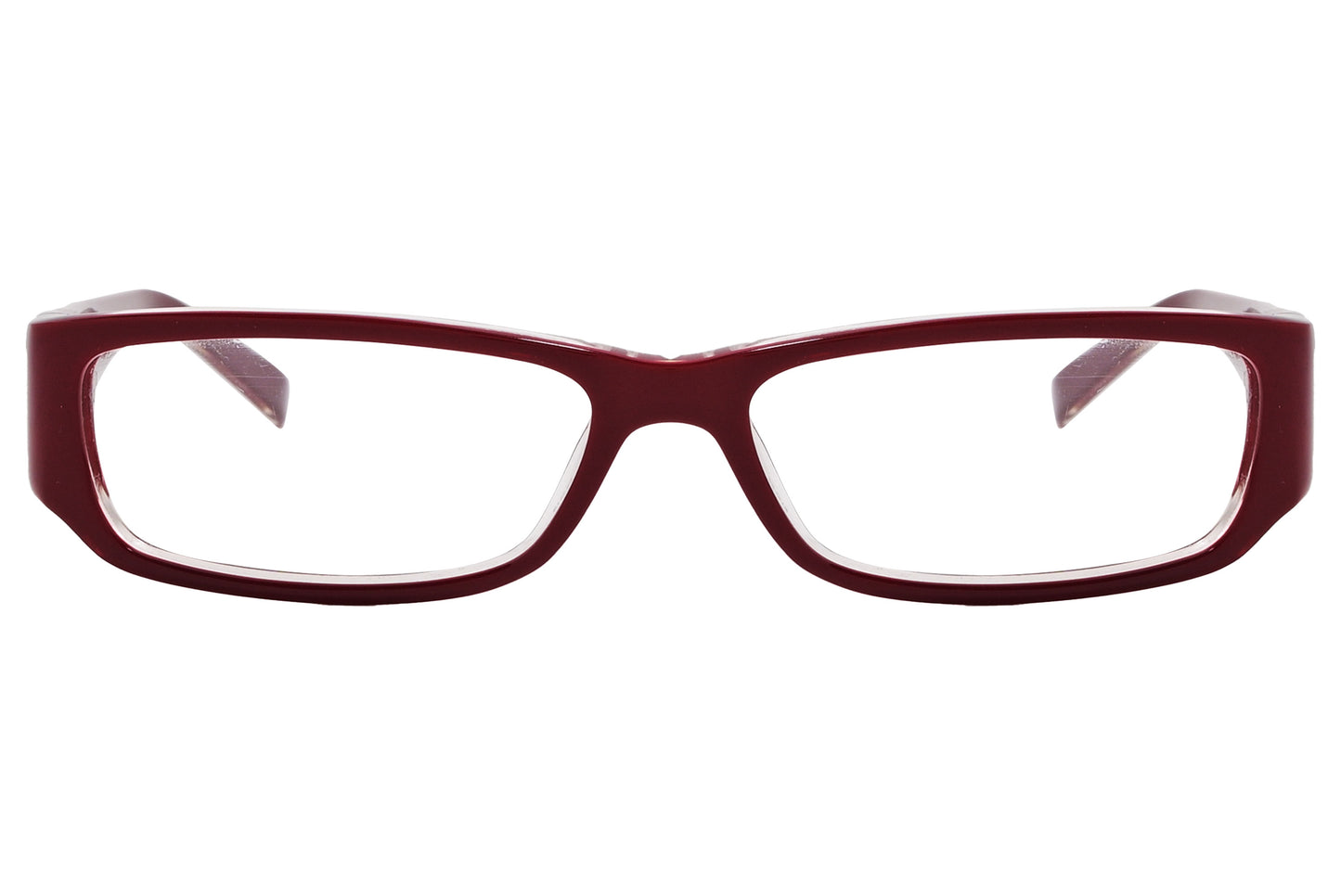 A pair of red rectangle eyeglasses with a metallic accent on the temples.
