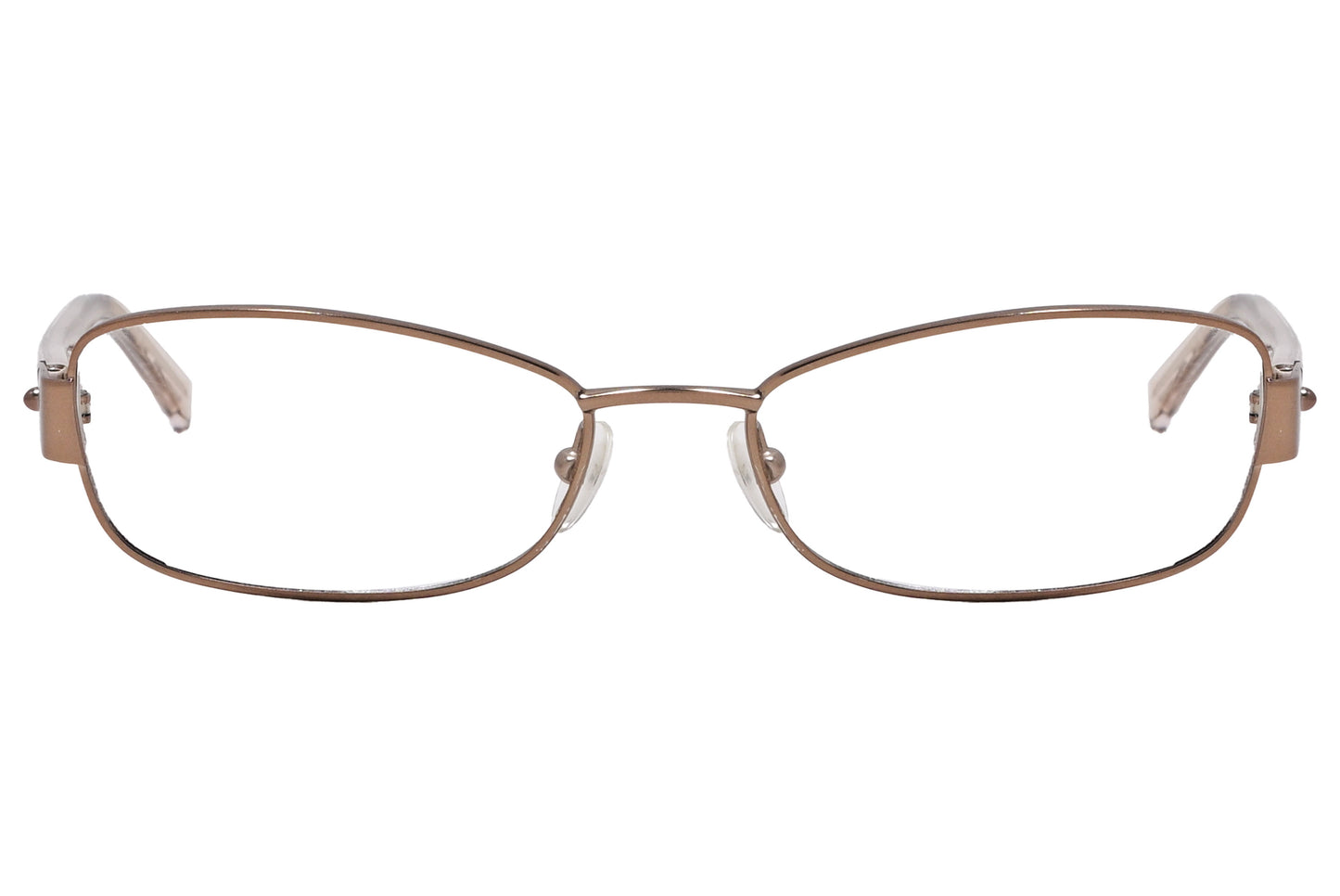 A pair of taupe-colored rectangle eyeglasses with a metallic accent on the temples.