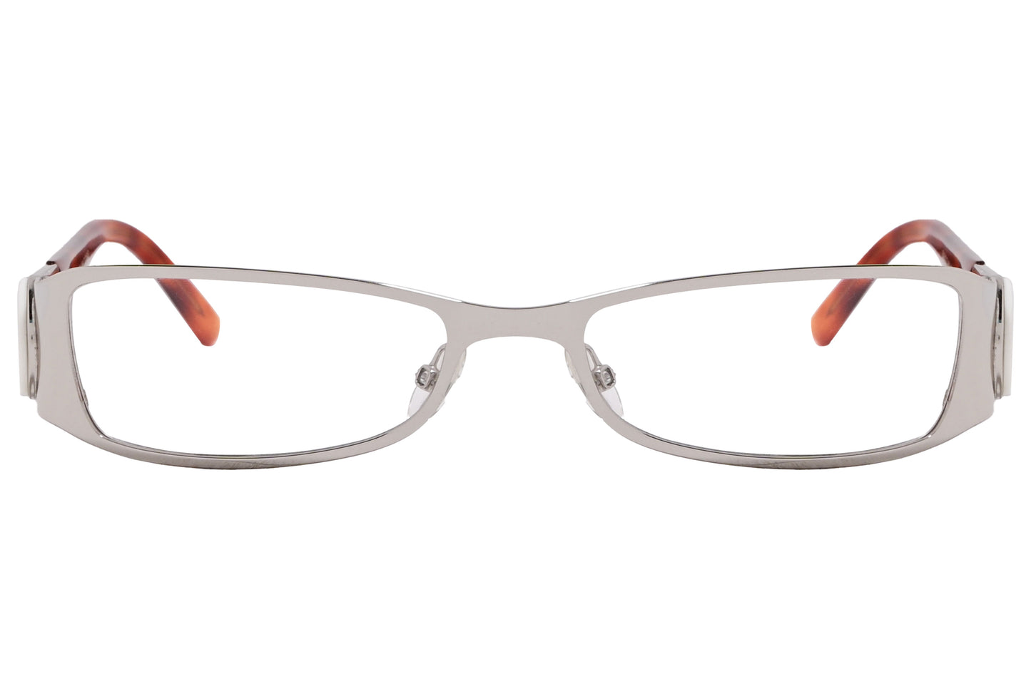 A pair of silver rectangle eyeglasses with a distinctive design on the temples.
