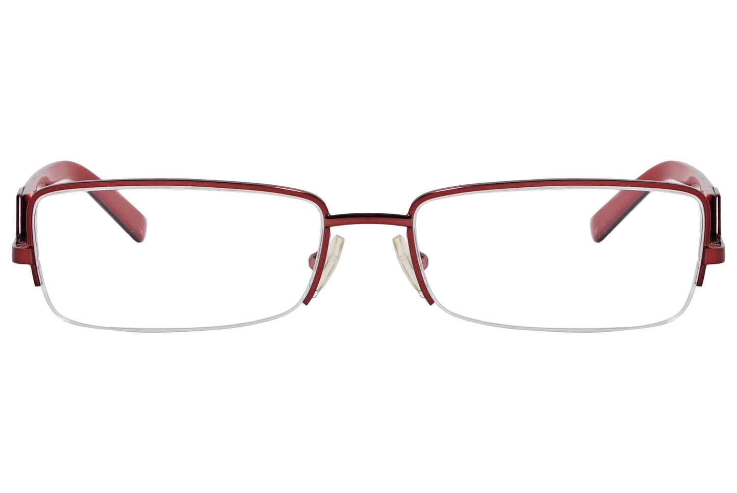 A pair of maroon rectangle eyeglasses with a metallic accent on the side.