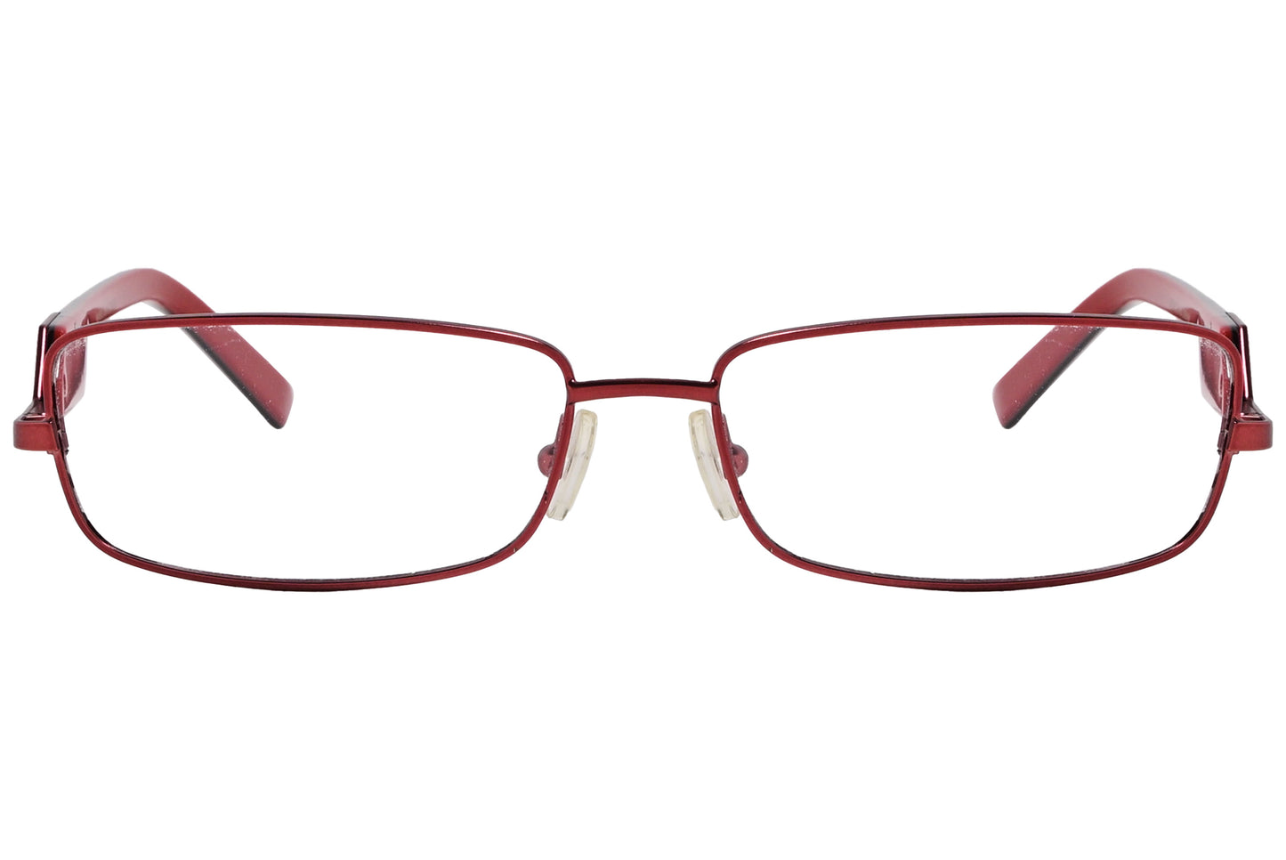 A pair of maroon rectangle eyeglasses with a metallic accent on the side.