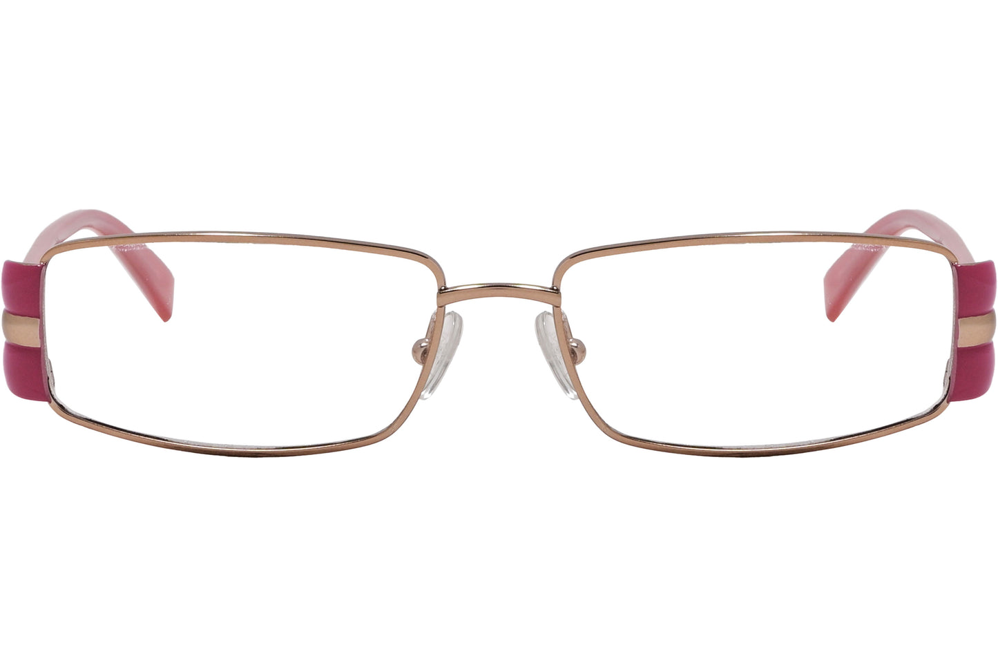A pair of rectangle eyeglasses with pink frames and brown temples, featuring clear lenses.