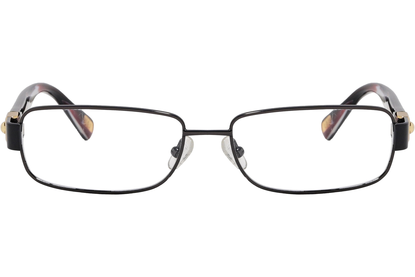 A pair of black rectangle eyeglasses with gold accents on the arms, featuring the brand name 'Marc Jacobs' on the side.