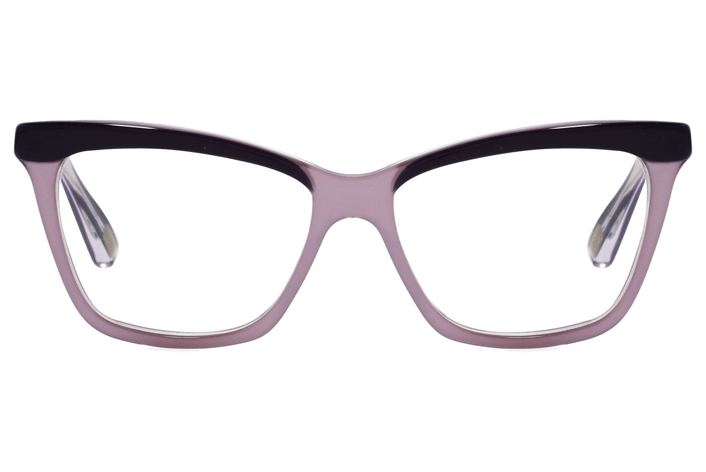 A pair of Wayfarer style eyeglasses with light pink frames and black accents. The glasses have a square full frame design.