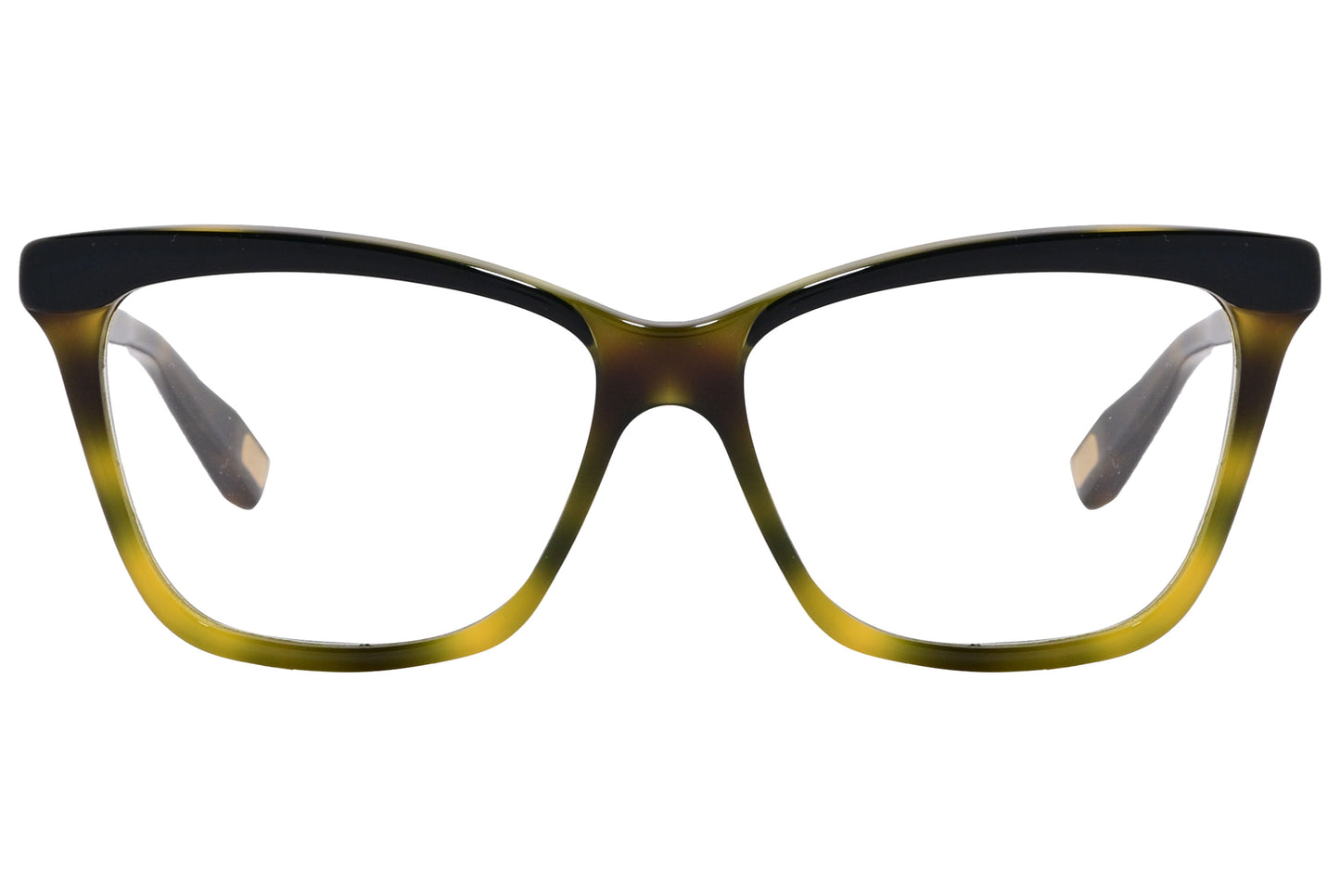 A pair of Wayfarer style eyeglasses with a yellow to black color gradient frame.