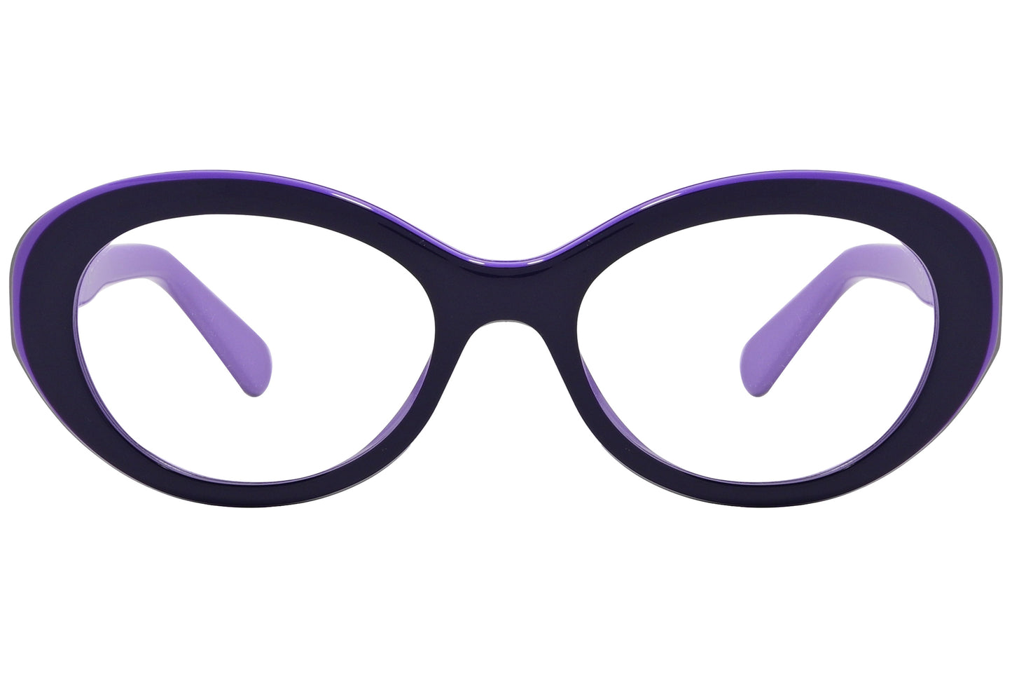 A pair of oval eyeglasses with purple frames by Marc Jacobs.