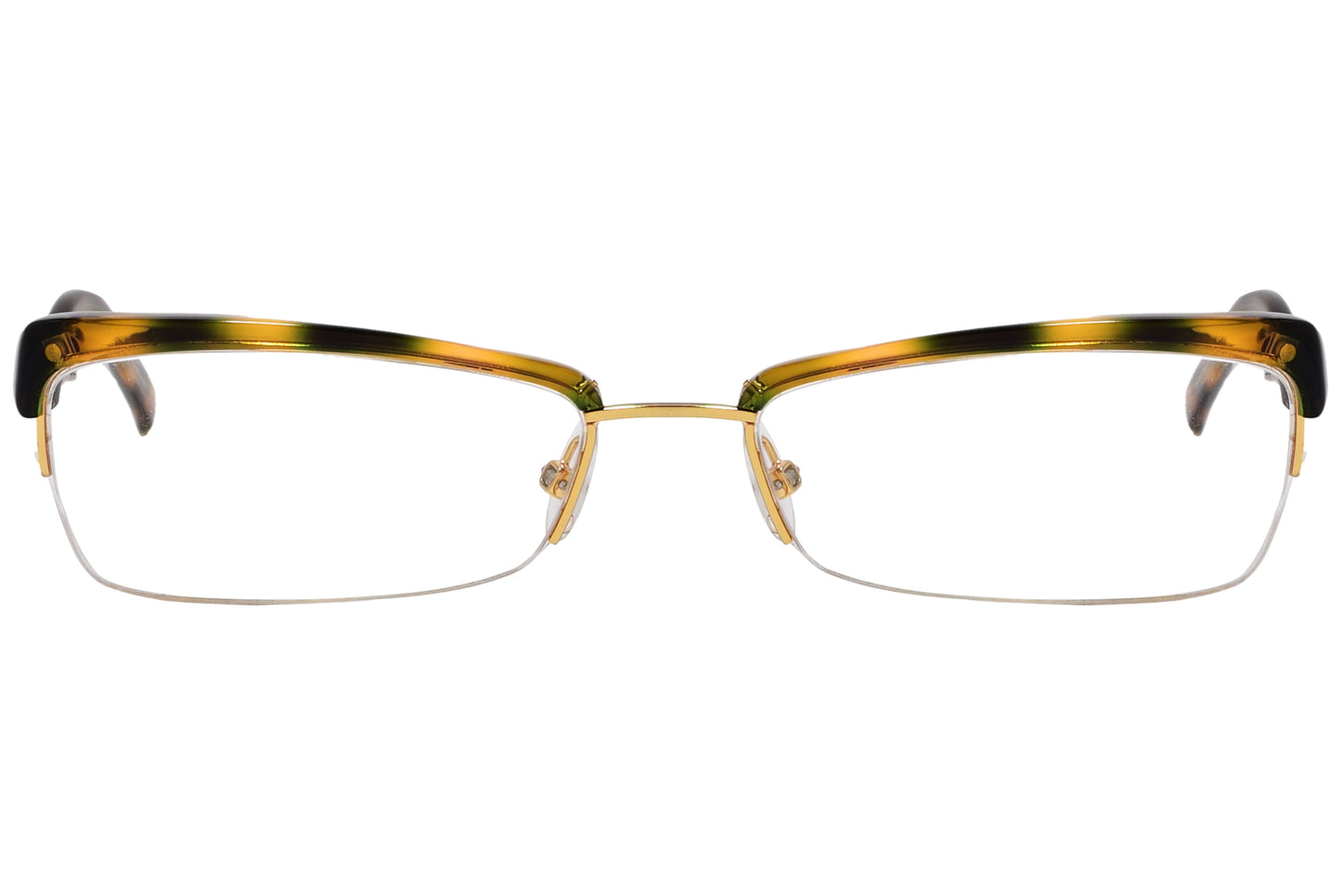 A pair of Browline eyeglasses with a yellow gold tortoise color frame.