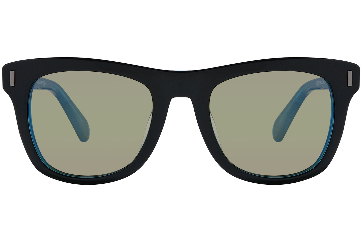 A pair of black Wayfarer sunglasses with blue accents on the arms.