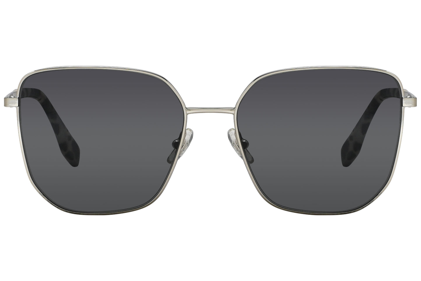 A pair of square-shaped gray sunglasses with a metal frame and acetate details.