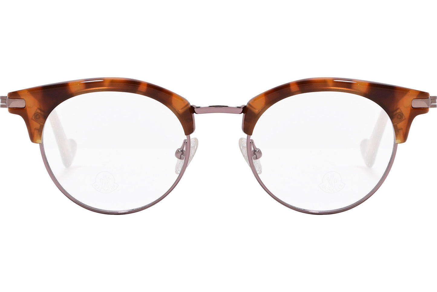 A pair of round eyeglasses with a tortoise color frame.