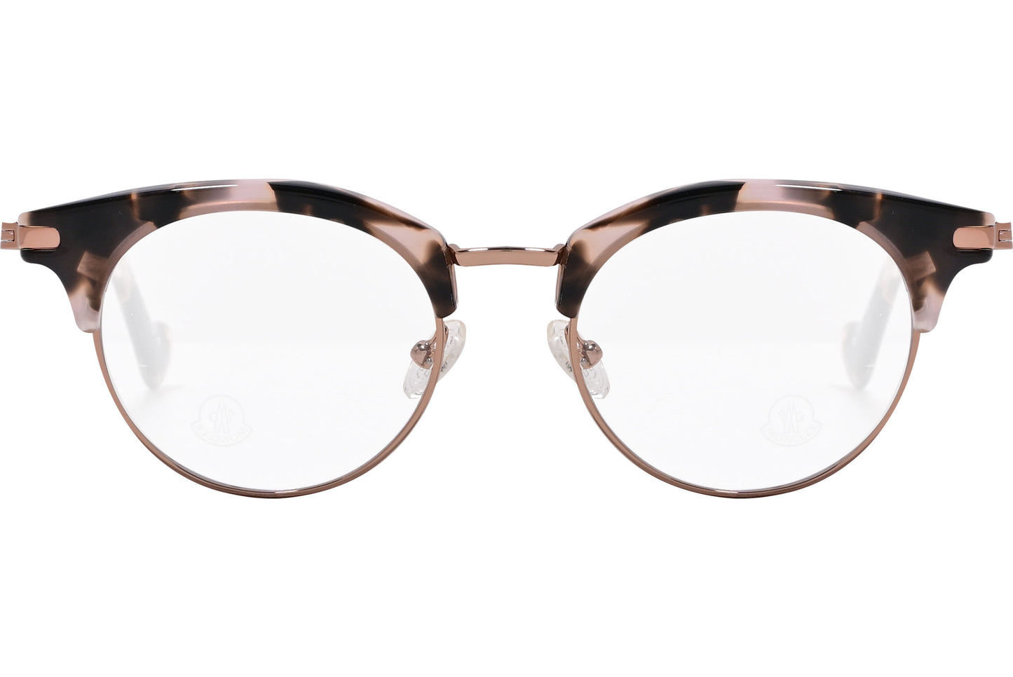 A pair of round eyeglasses with a tortoise patterned frame and metallic temples.