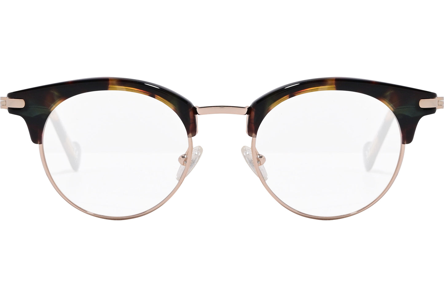 A pair of round eyeglasses with a tortoise color frame and gold metal temples.