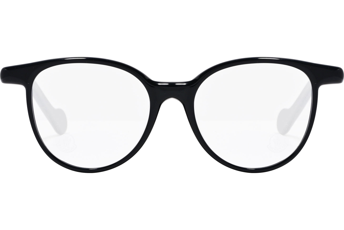 Black round eyeglasses with a glossy finish and a small logo on the side.