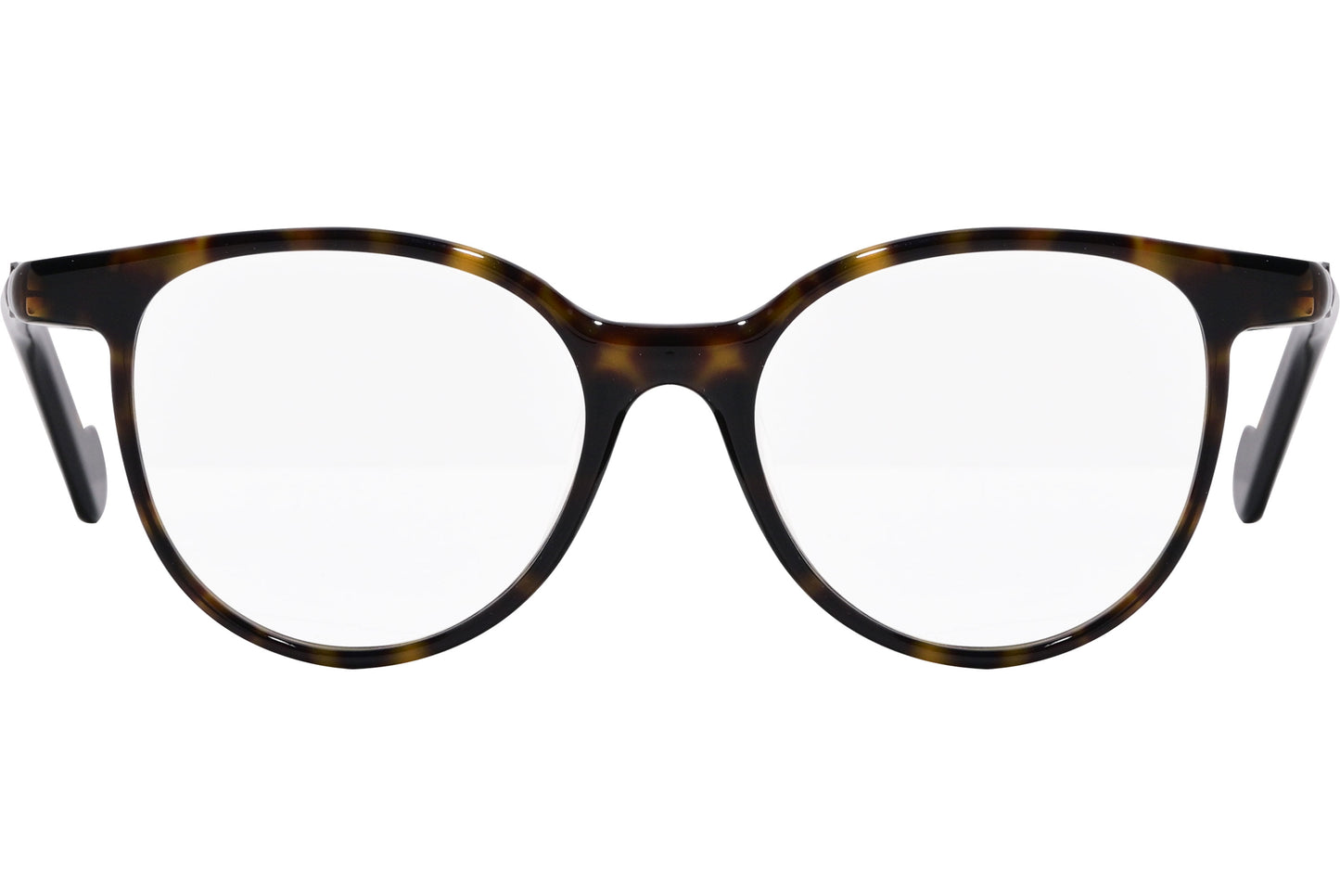 A pair of round eyeglasses with a tortoise color frame.