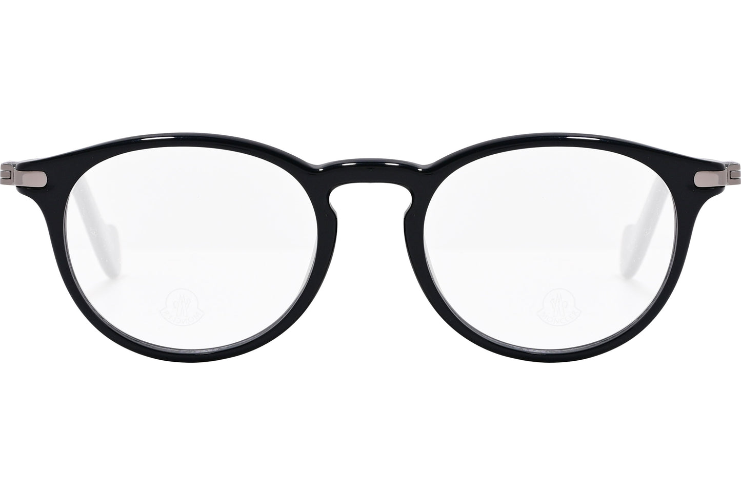 A pair of round eyeglasses with black frame, as seen from a side profile.