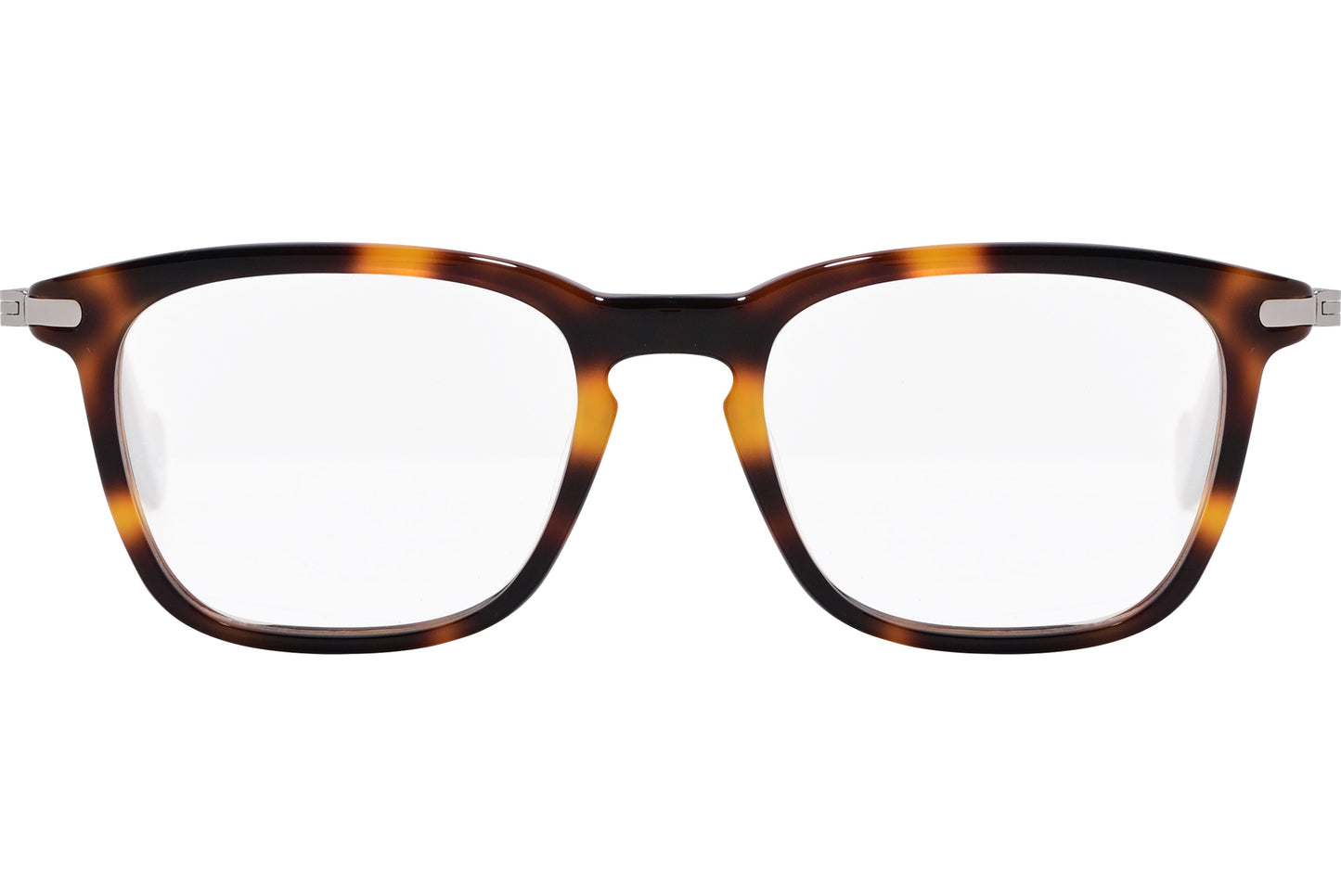 A pair of rectangle eyeglasses with a tortoise color frame.