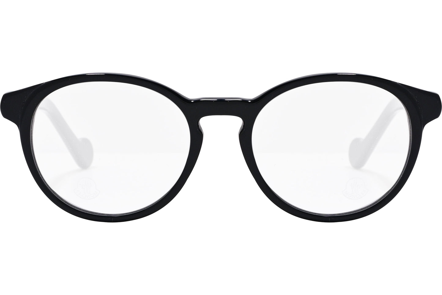 Black round eyeglasses with clear lenses and a Moncler logo on the side.