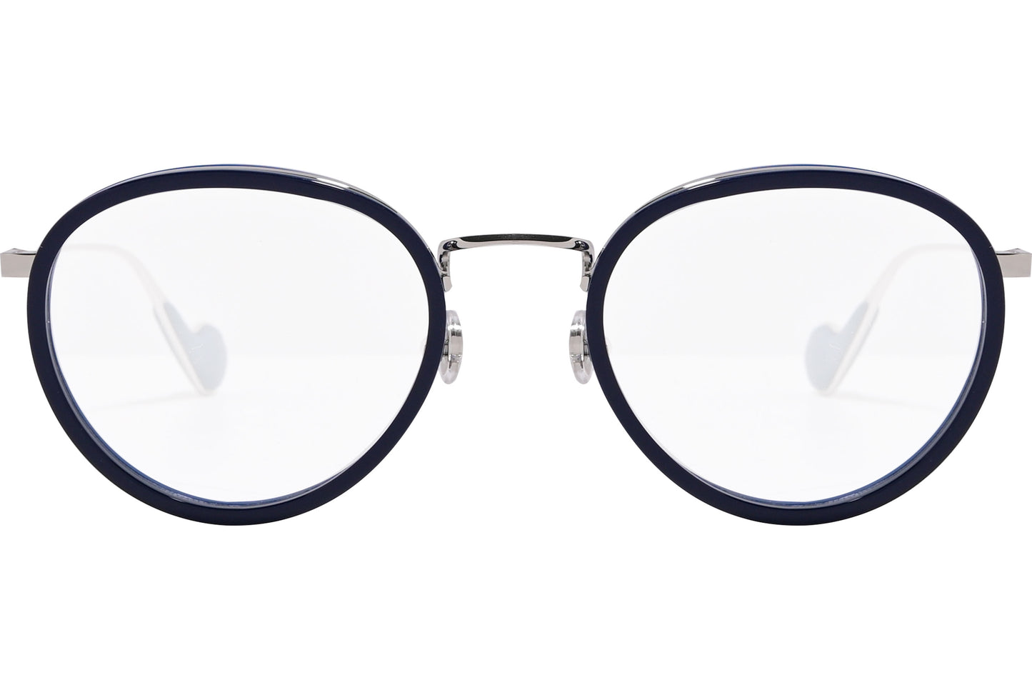A photograph of round eyeglasses with a blue frame and clear lenses, featuring a side view of the frame design.
