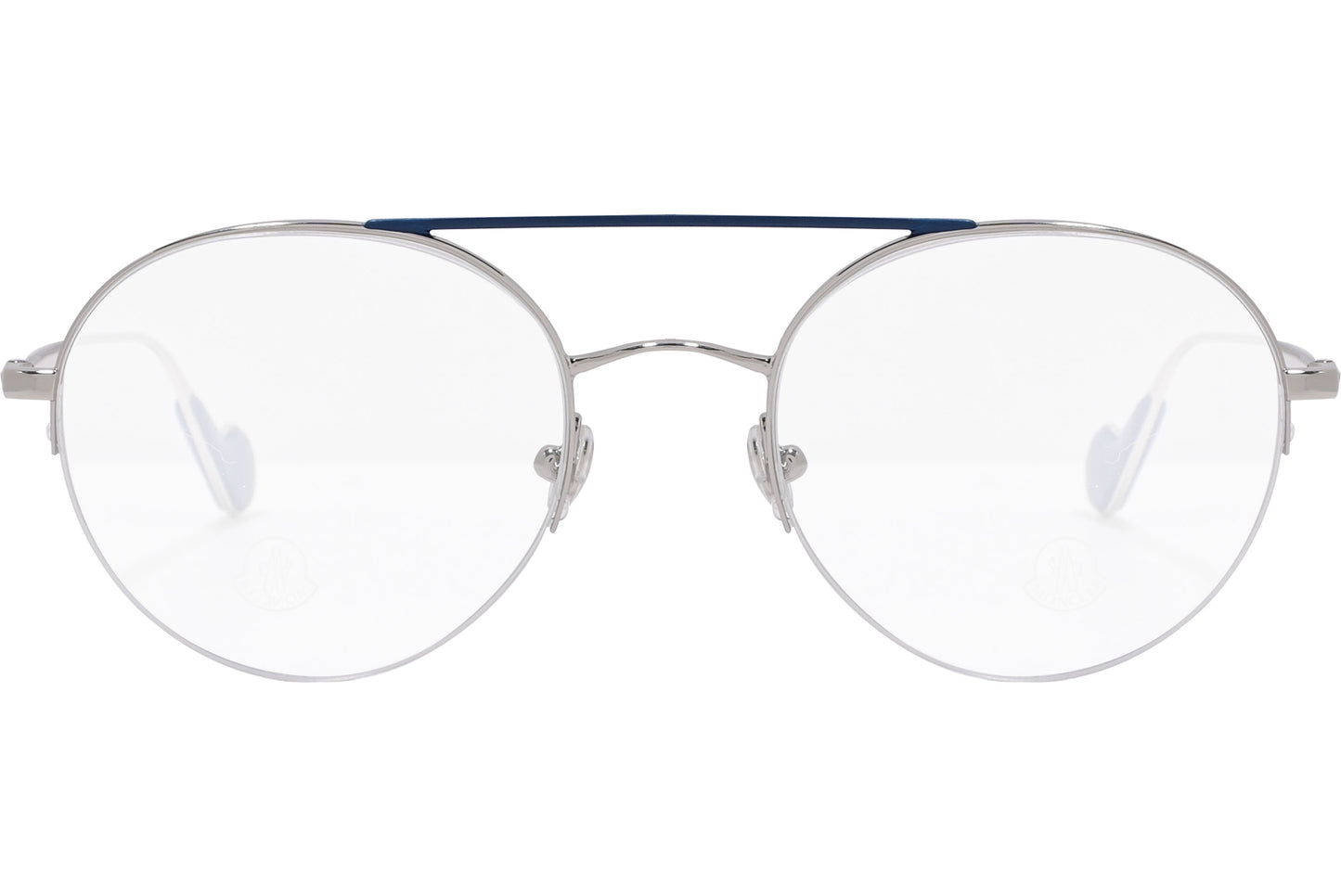 A pair of round eyeglasses with blue accents on the arms and a metallic frame.