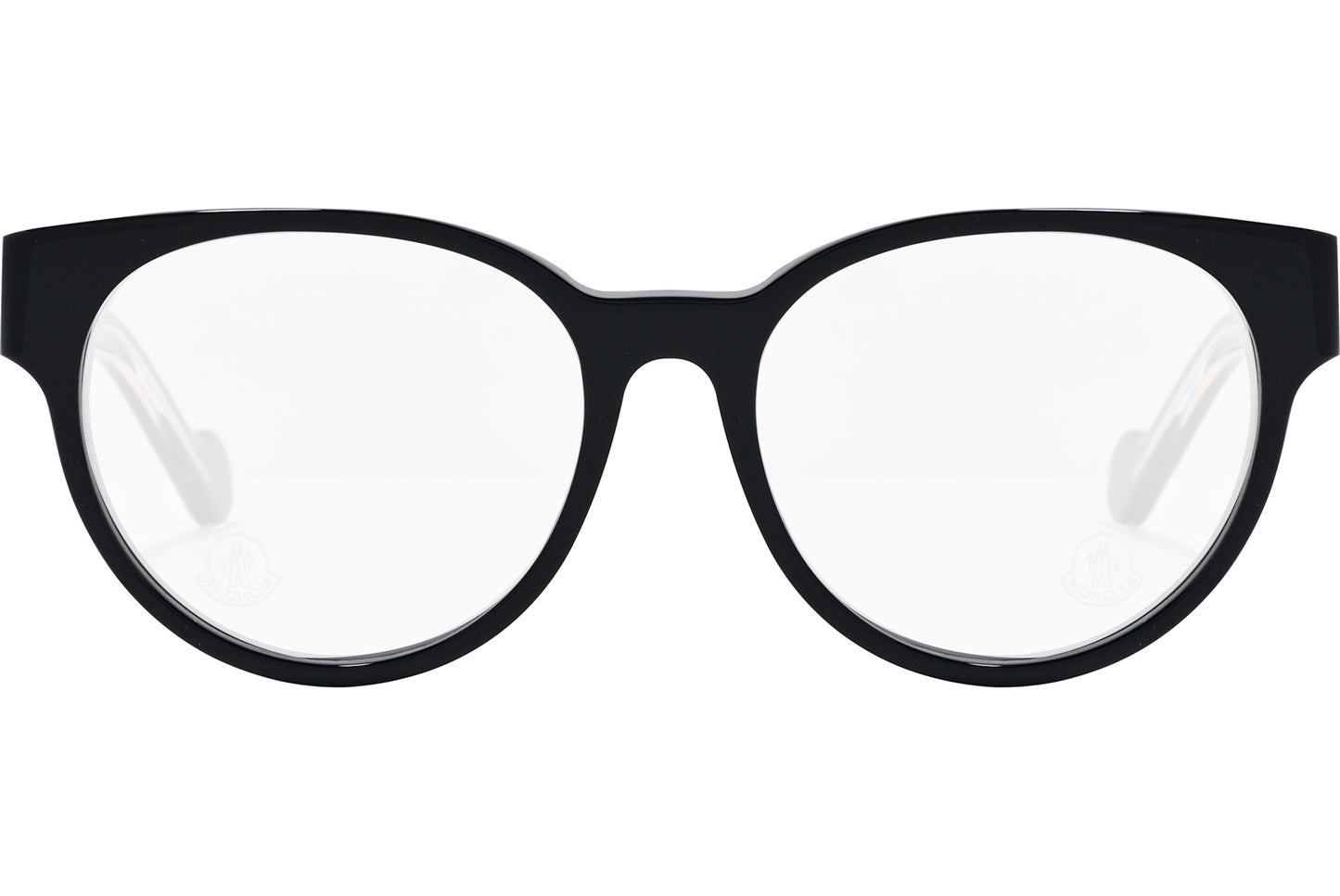 A pair of black oval eyeglasses with a moncler logo on the side.