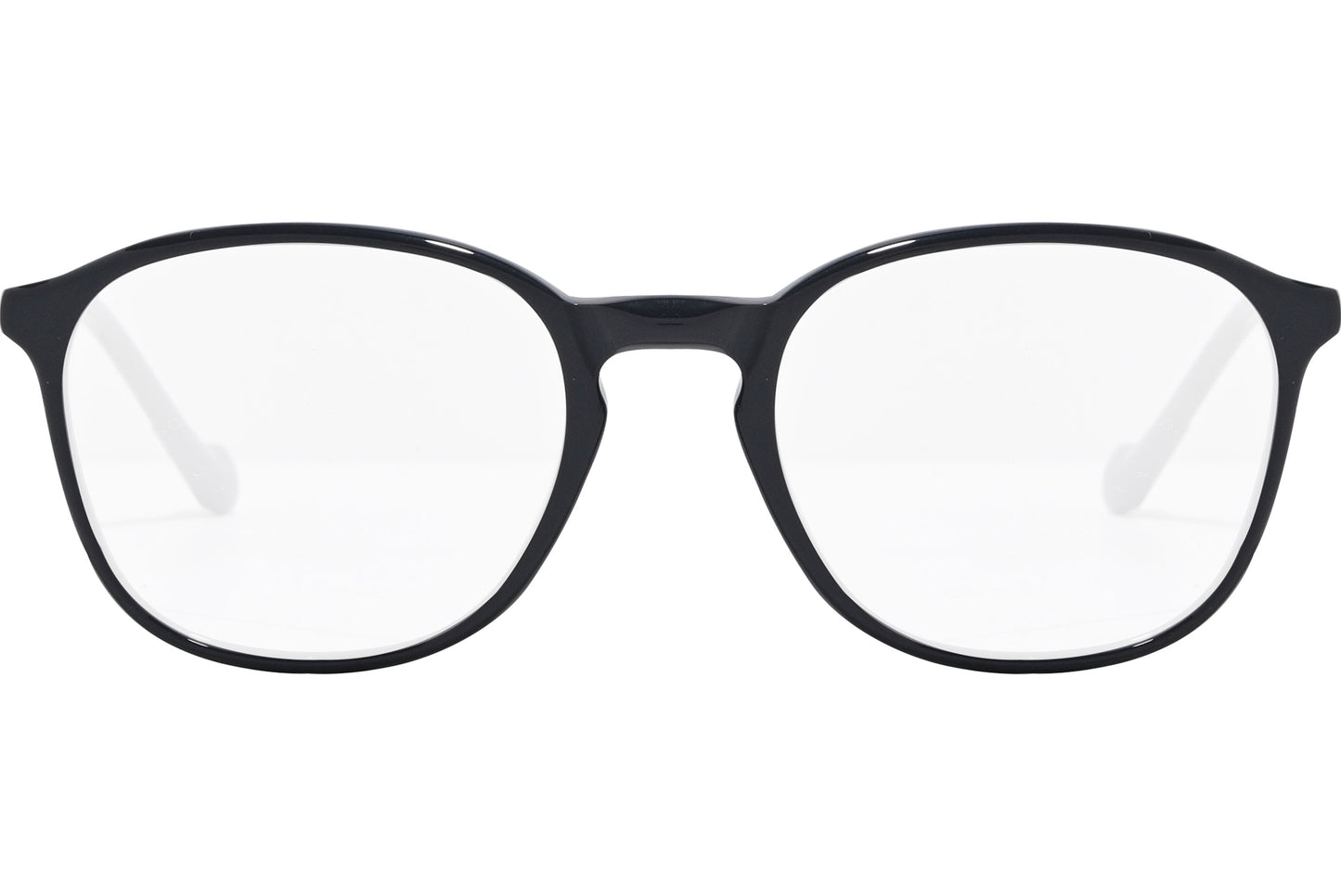 A pair of black rectangle eyeglasses with the brand name 'Moncler' visible on the side.