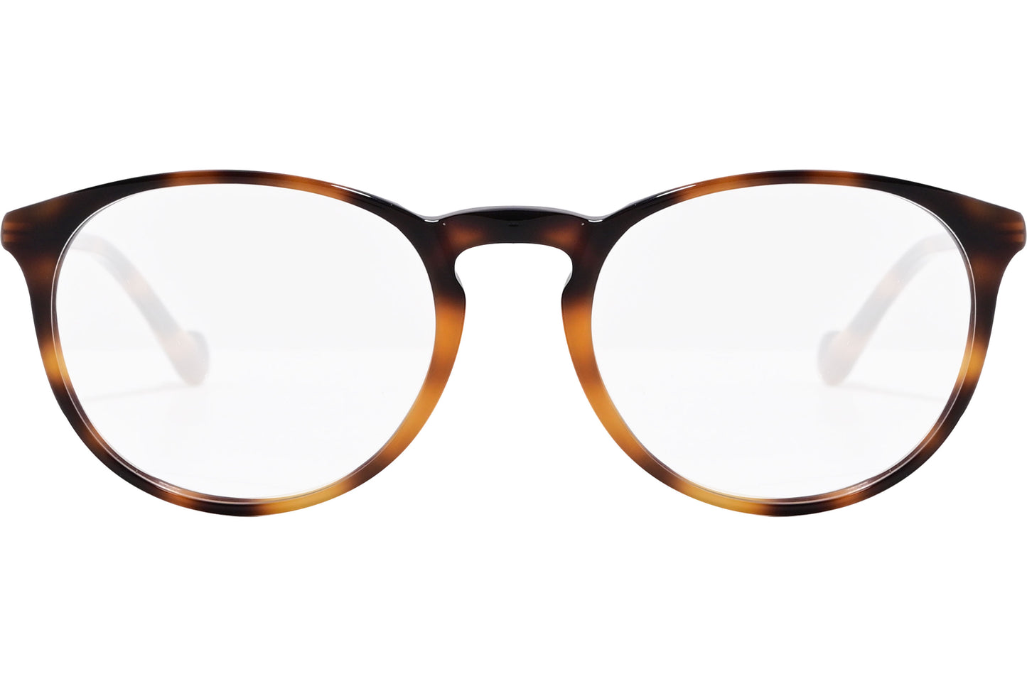 A pair of Moncler oval eyeglasses with a tortoise color frame.