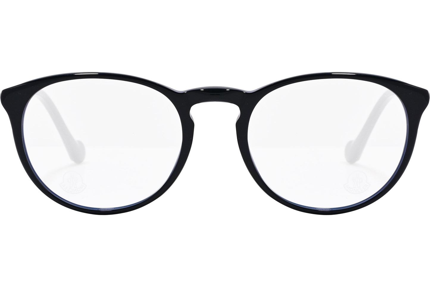 A pair of black oval eyeglasses with the Moncler brand name on the side.