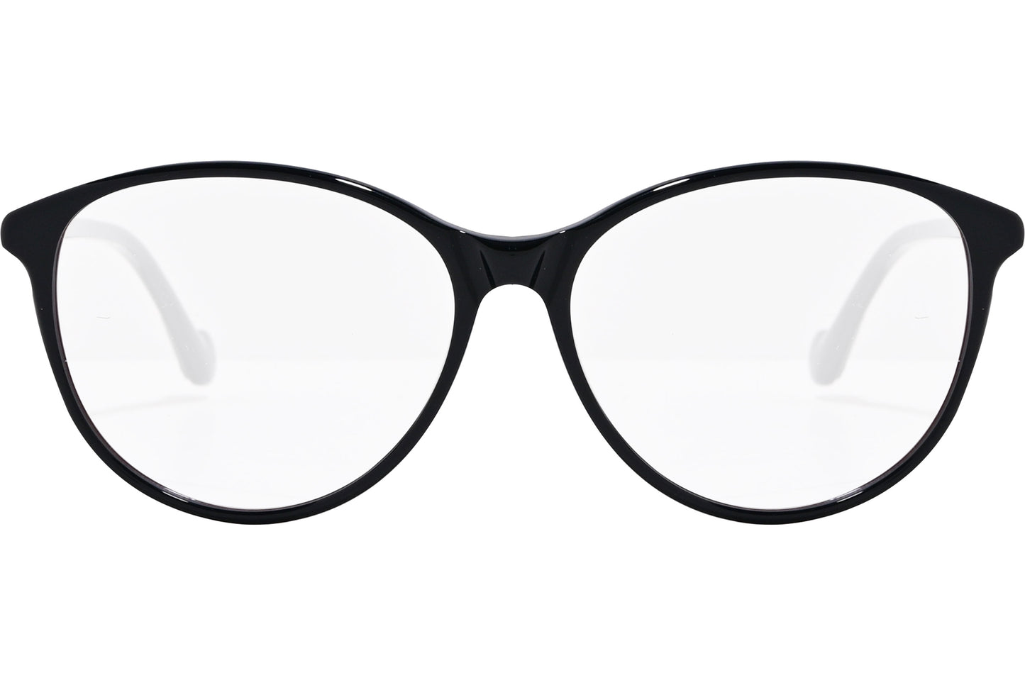 A pair of oval eyeglasses with black frame, displayed at an angle showing the front and side profile.
