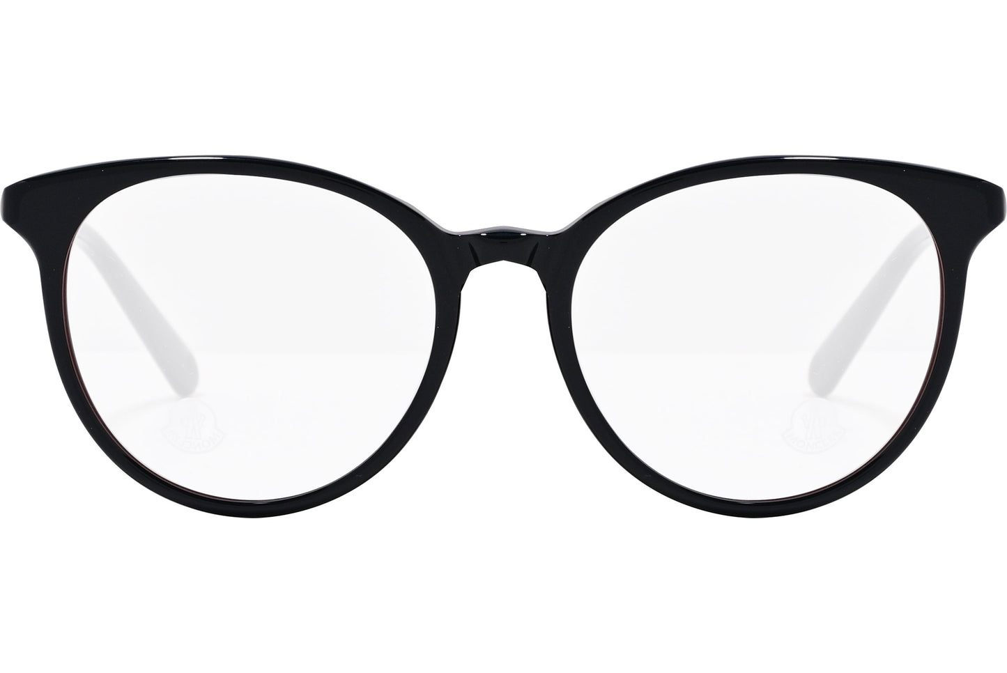 A pair of black oval eyeglasses with the brand name 'Moncler' visible on the side.