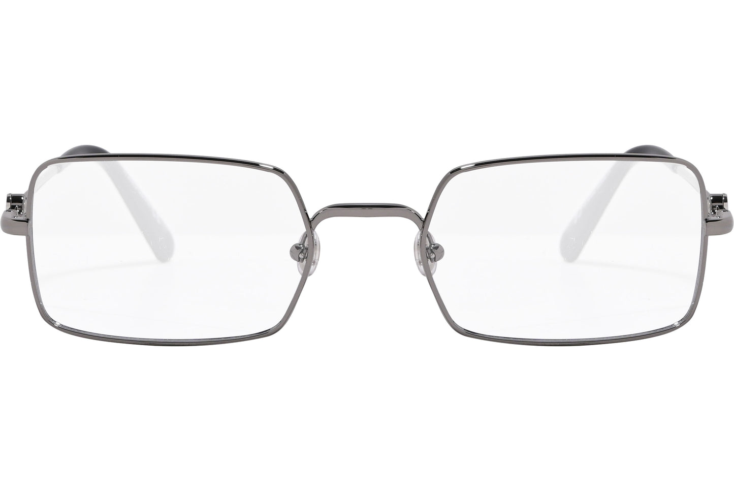 A photo of a pair of square eyeglasses with a black frame.