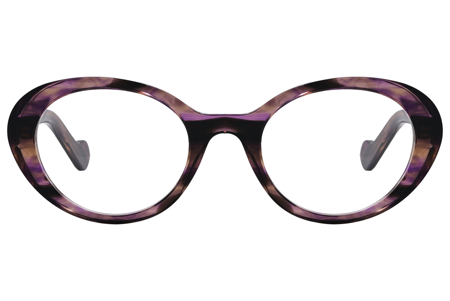 A pair of oval eyeglasses with a purple patterned frame.