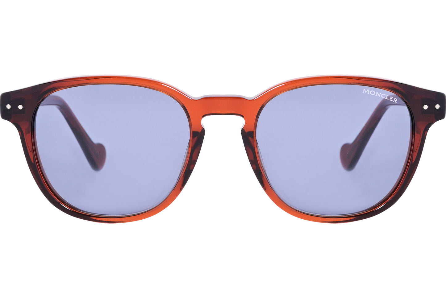 A pair of rectangle-shaped sunglasses with a red frame, blue lenses, and the brand name 'MONCLER' visible.