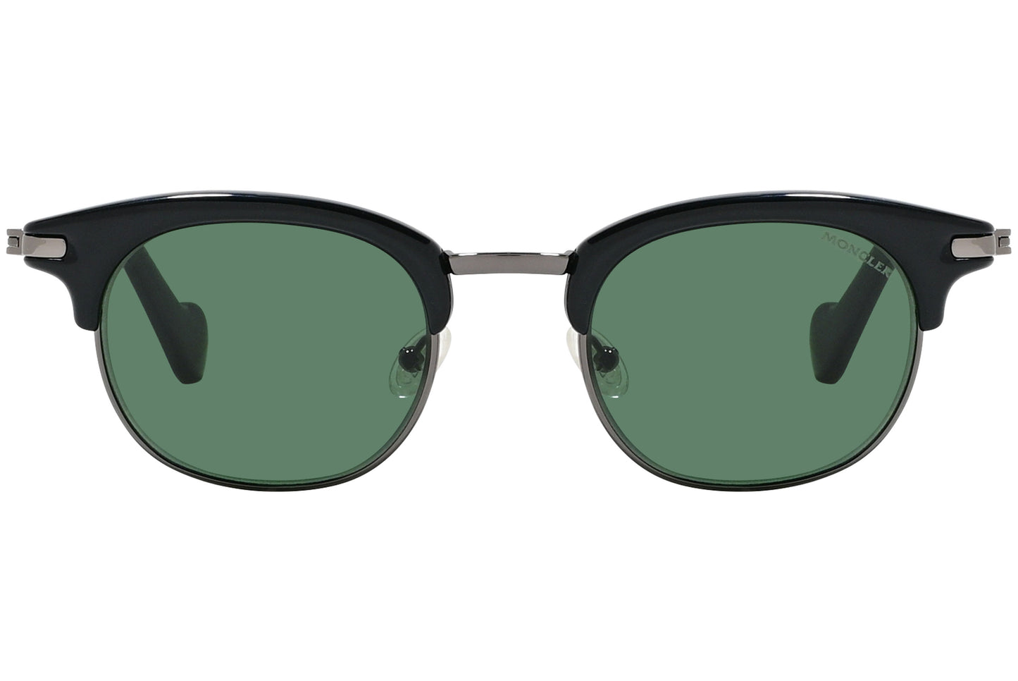 A pair of round sunglasses with a black frame and green lenses.