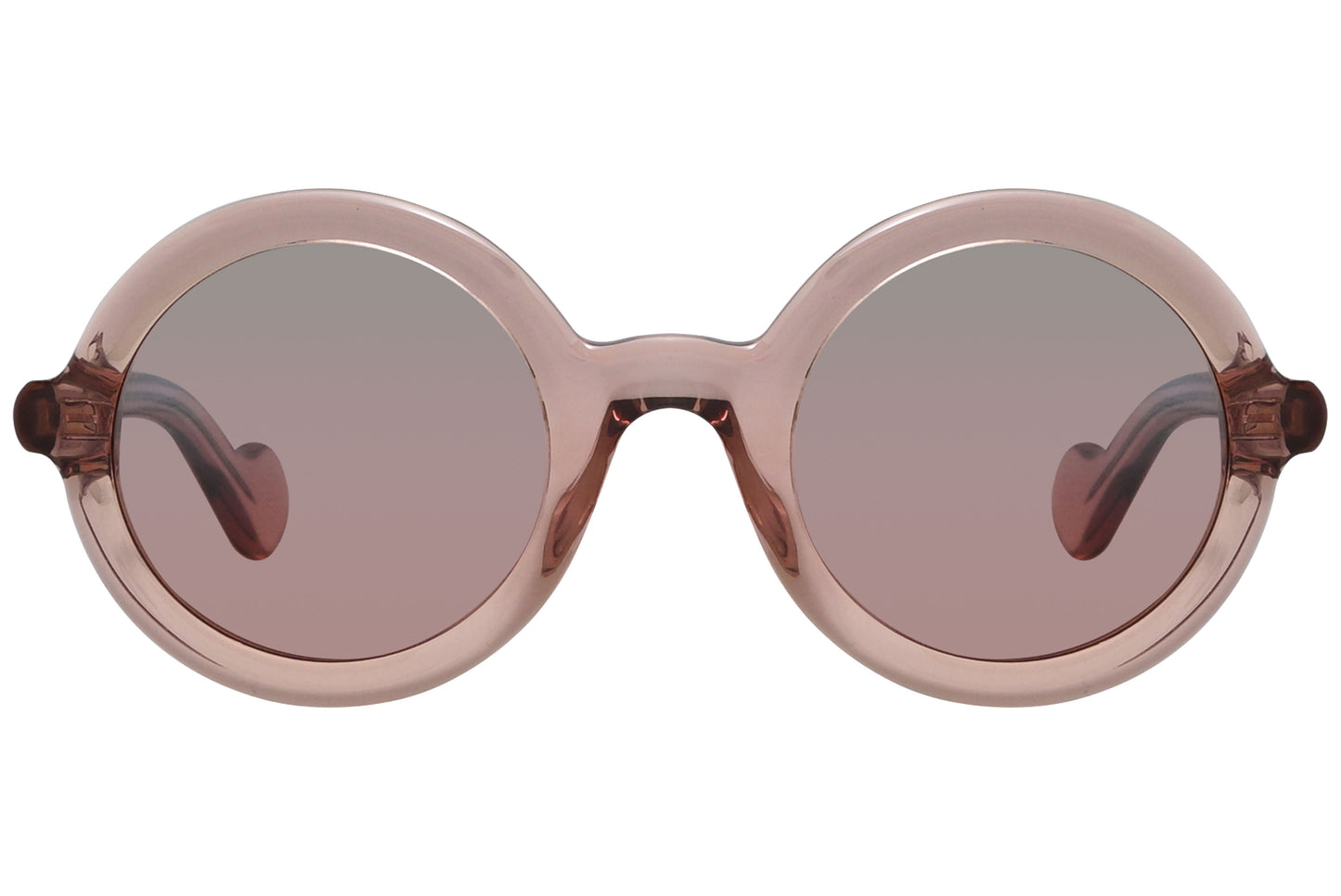 A pair of round sunglasses with a red frame, as seen from the front.