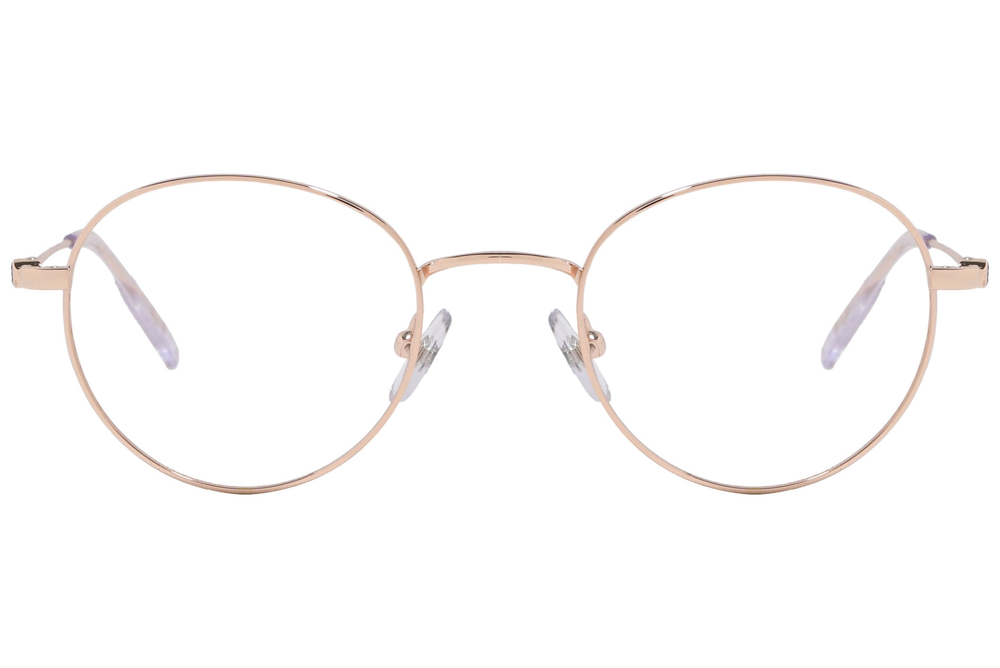 Rose gold round eyeglasses with a metallic frame.