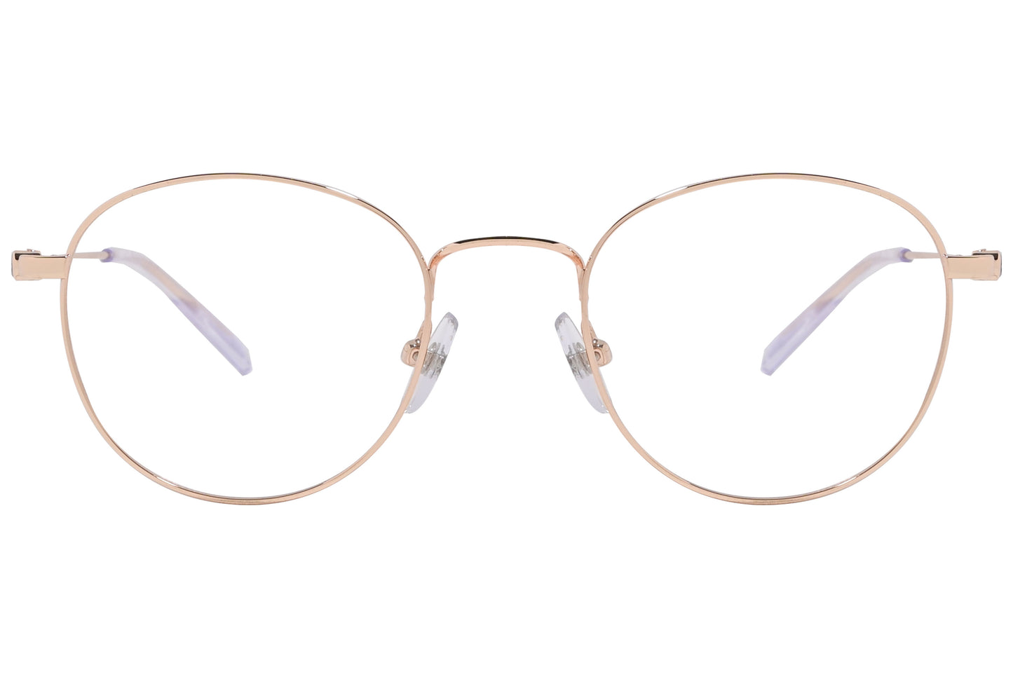 Rose gold round eyeglasses with a metallic frame.