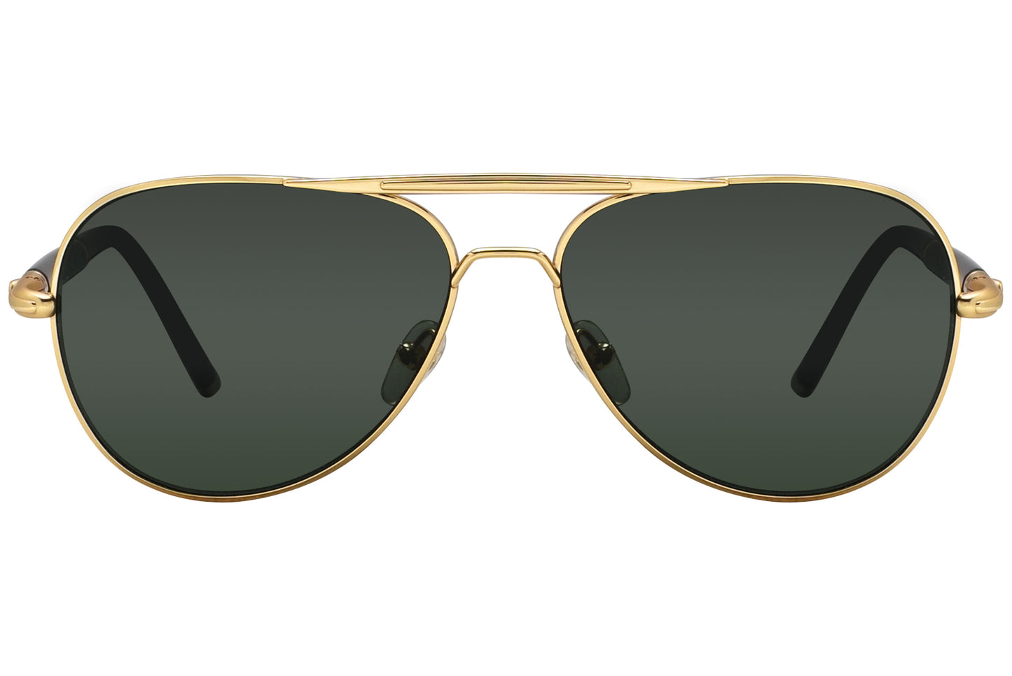 A pair of gold aviator sunglasses with dark lenses.