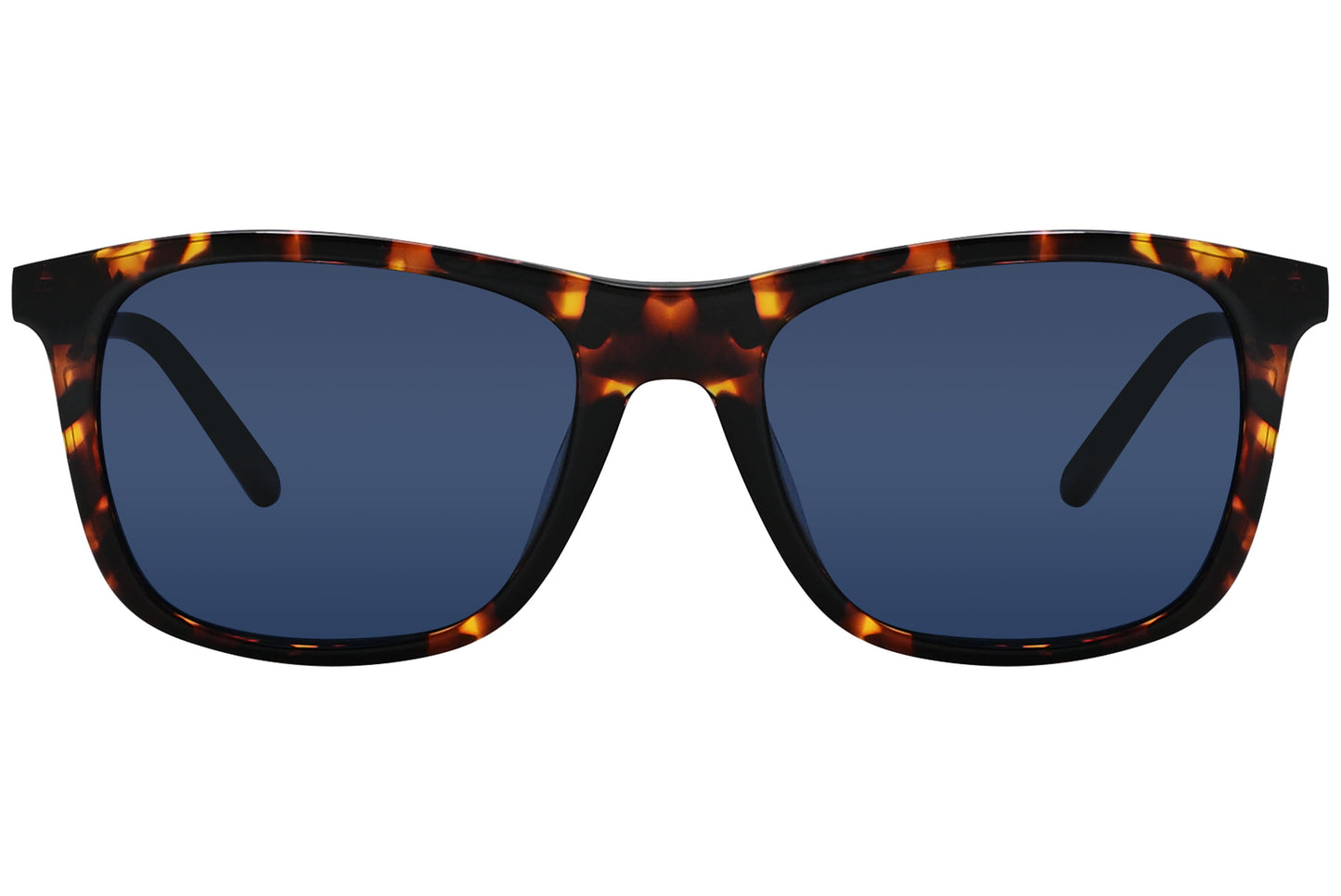 A pair of Montblanc Wayfarer sunglasses with a tortoise patterned frame and blue lenses.