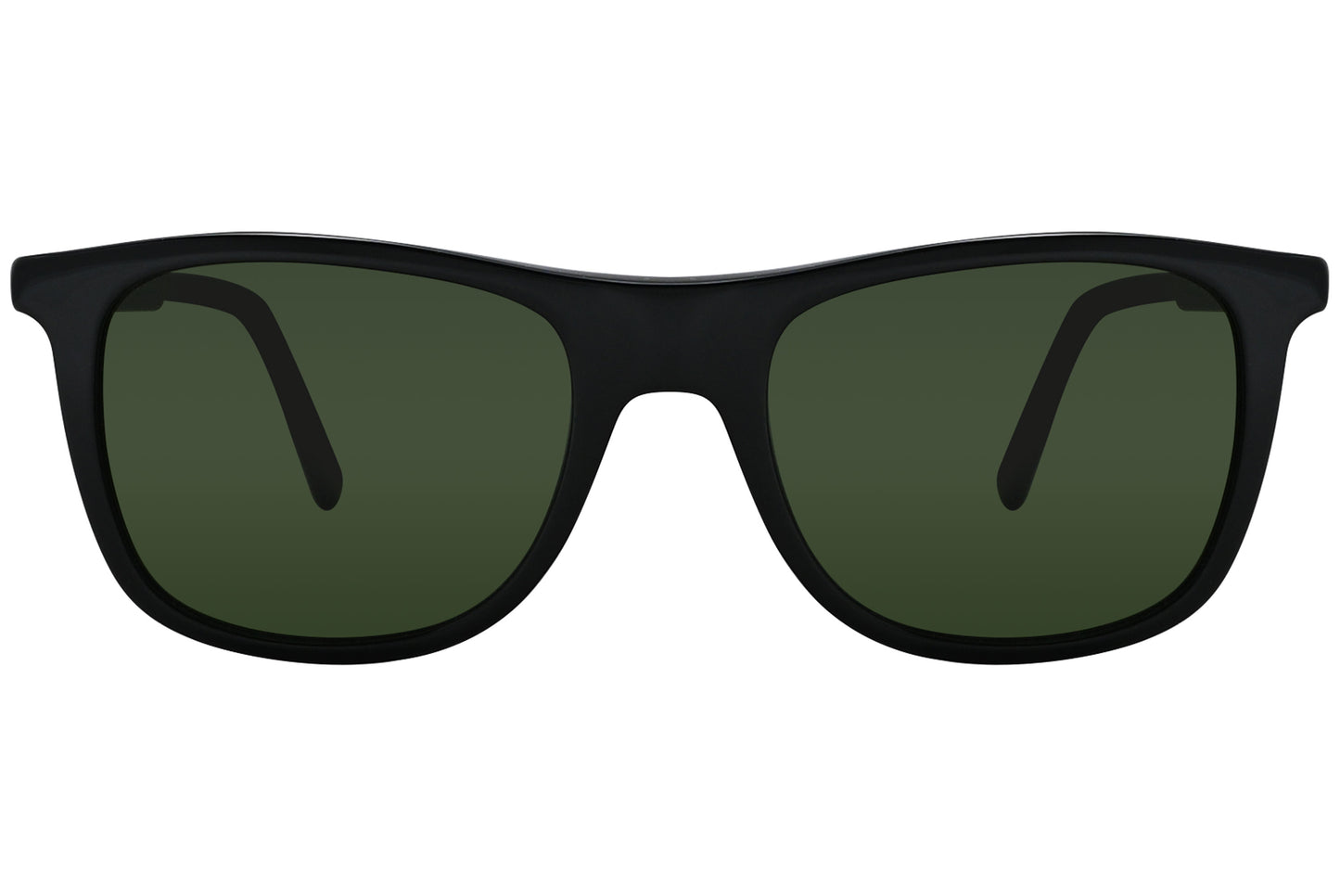 Black wayfarer sunglasses with green polarized lenses.