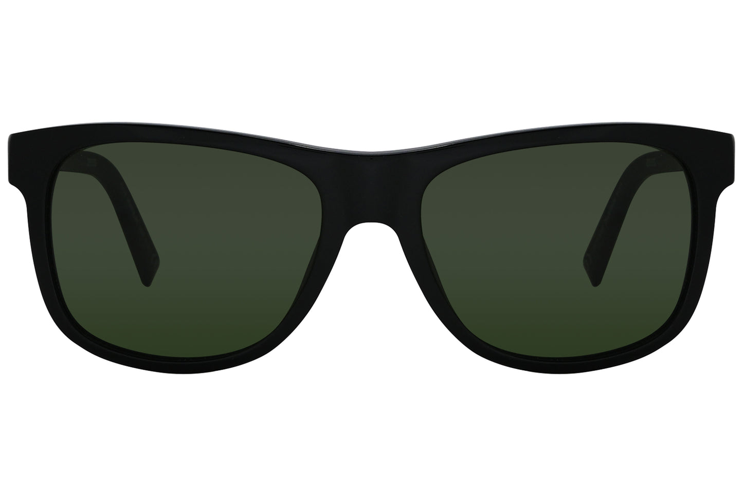 Black wayfarer sunglasses with green lenses.