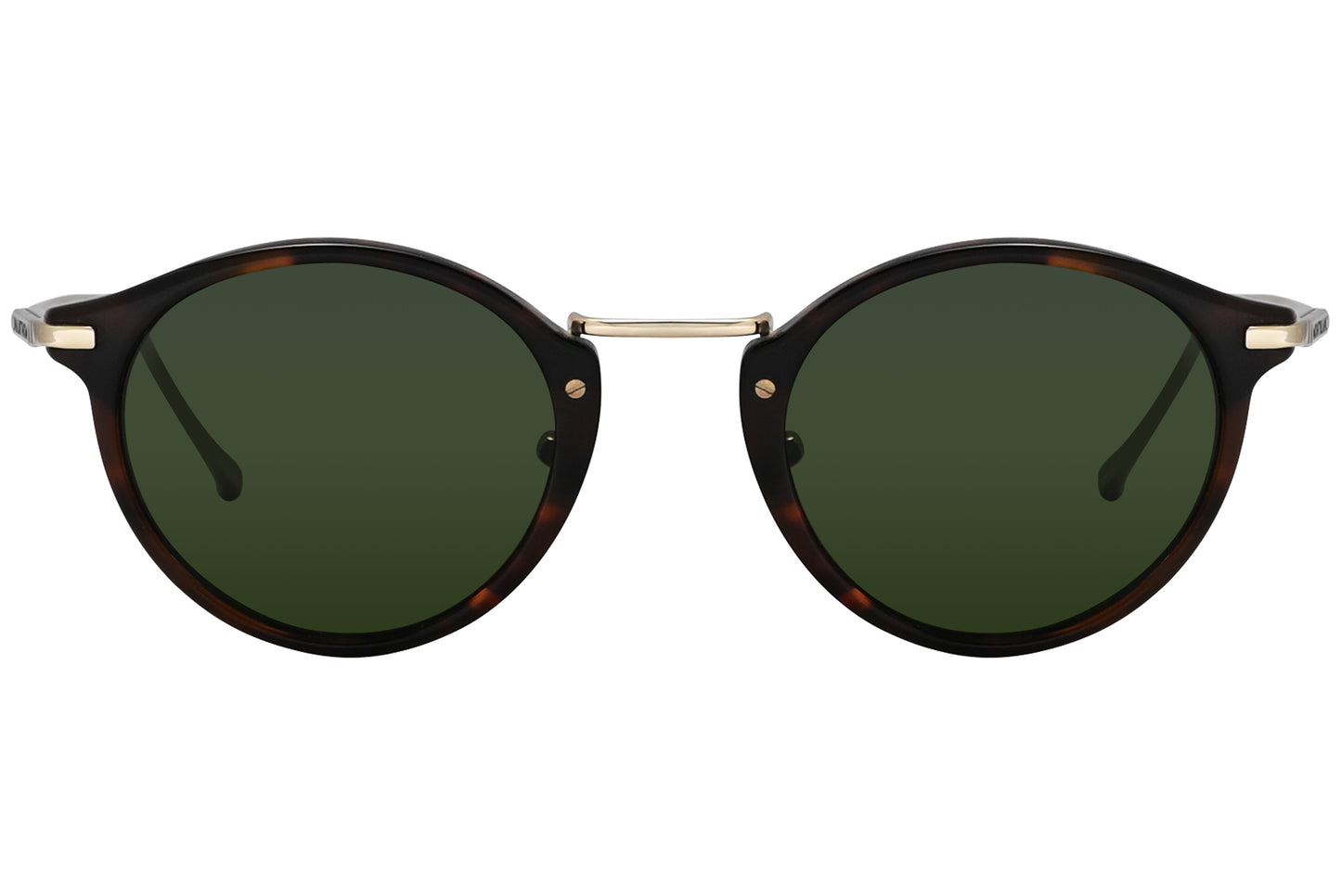 A pair of round sunglasses with a tortoise color frame and green lenses.
